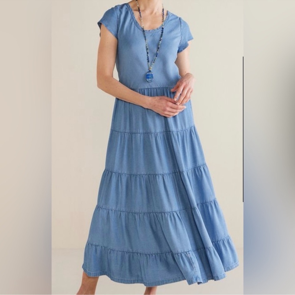 Soft Surroundings Kara Tiered Chambray Midi Dress Size Petite Medium Lyocell - Picture 14 of 14
